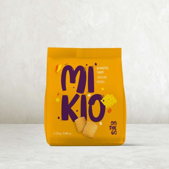 MIKIO Bites snack packaging design with bold colors and playful branding for youth appeal by leoussis a_
